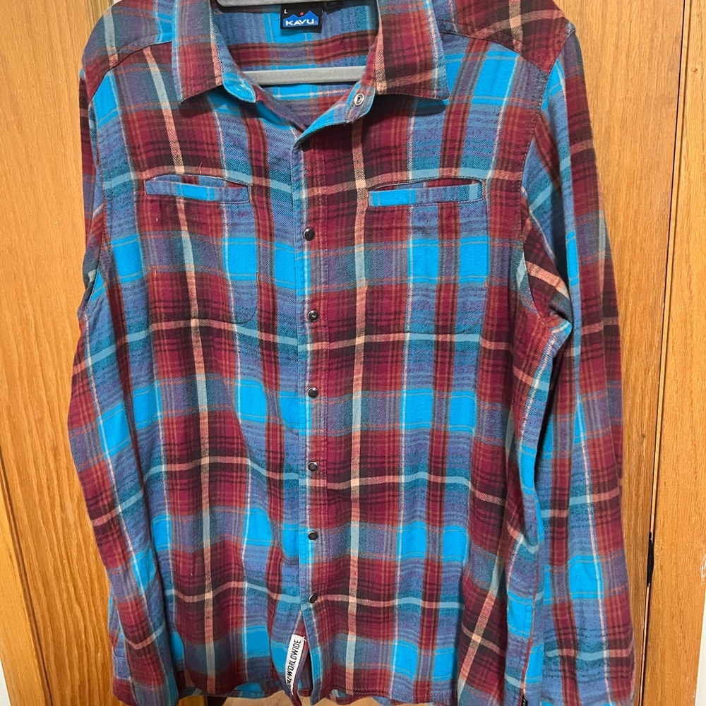 Kavu Men's Teal and Burgundy Plaid Button-Down Shirt